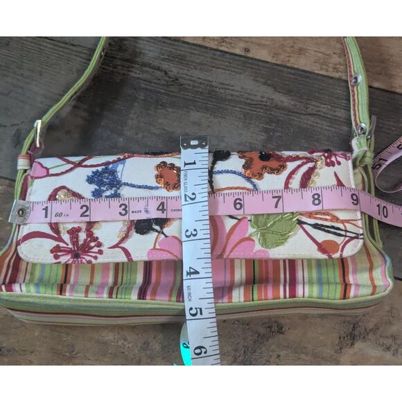 Y2K Fast Fin Beaded Floral Stripe Shoulder Bag Pink Green Mini Baguette - Picture 4 of 5